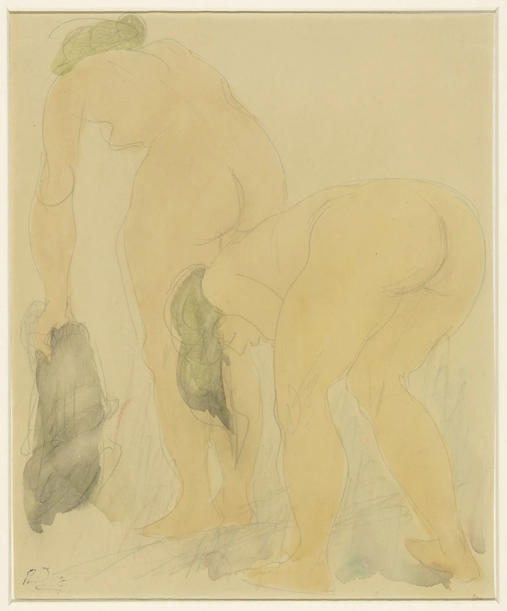 Studieblad met twee naakte vrouwen, op de rug gezien by Auguste Rodin, drawing, 1850-1917