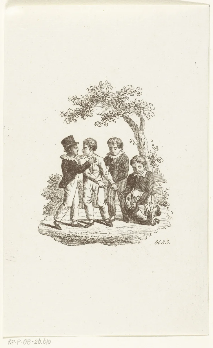 Vier kinderen maken ruzie om hond by Johannes Best, print, 1807-1855