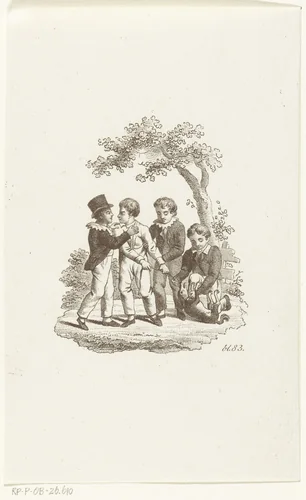 Vier kinderen maken ruzie om hond by Johannes Best, print, 1807-1855
