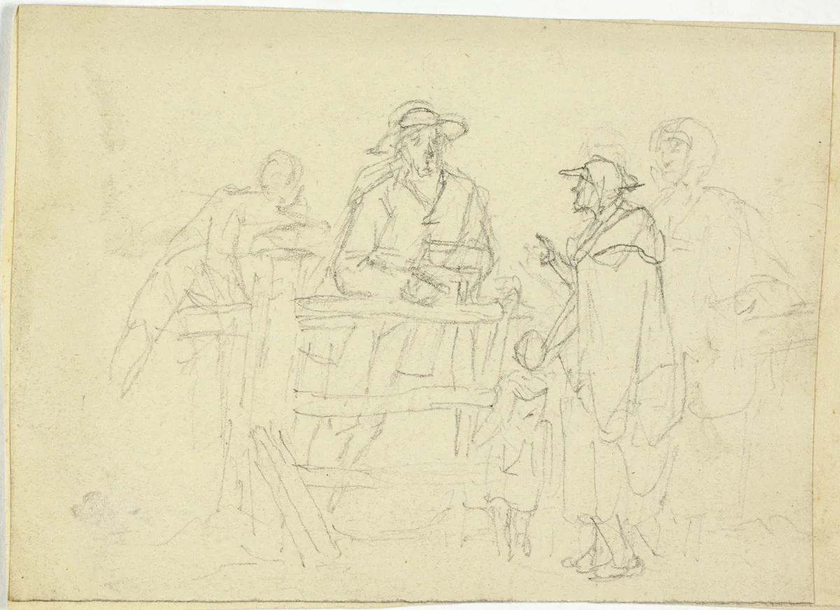 Four Figures at a Fence by William Henry Pyne, drawing, 1789-1843