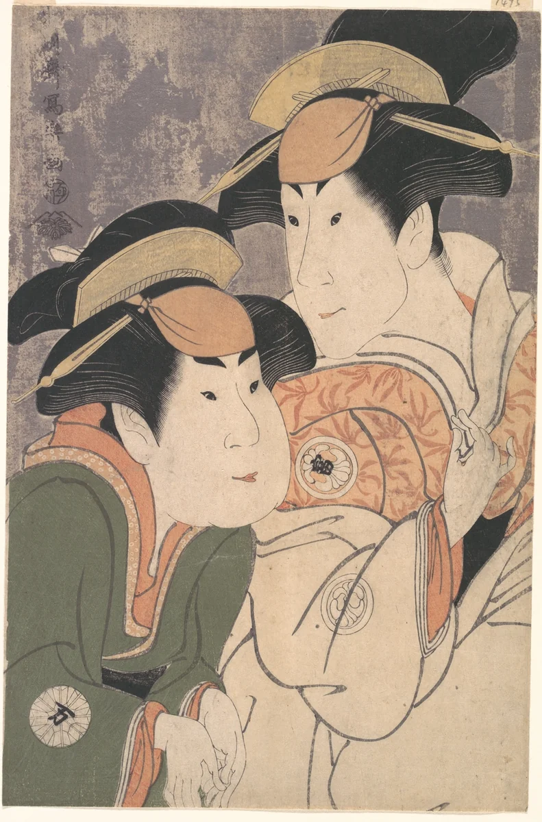 Segawa Tomisaburō II and Nakamura Manyo as Yadorigi and Her Maid Wakakusa in the Play "Hana Ayame Bunroku Soga" by Tōshūsai Sharaku, print, 1794