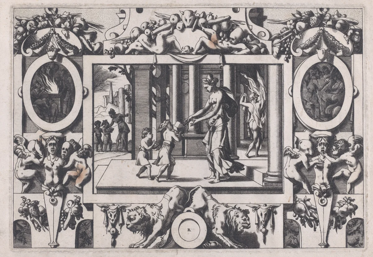 The Children of Medea and Jason Give Creusa the Fatal Present (Par ses deux fils à l'épouse nouvelle envoyé en don la couronne mortelle...), from "Jason and the Golden Fleece" by René Boyvin, print, 1563