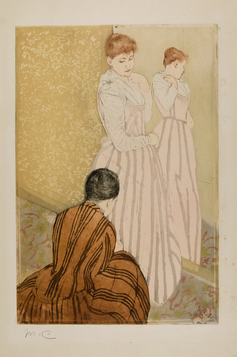 The Fitting by Mary Cassatt, print, 1890-1891