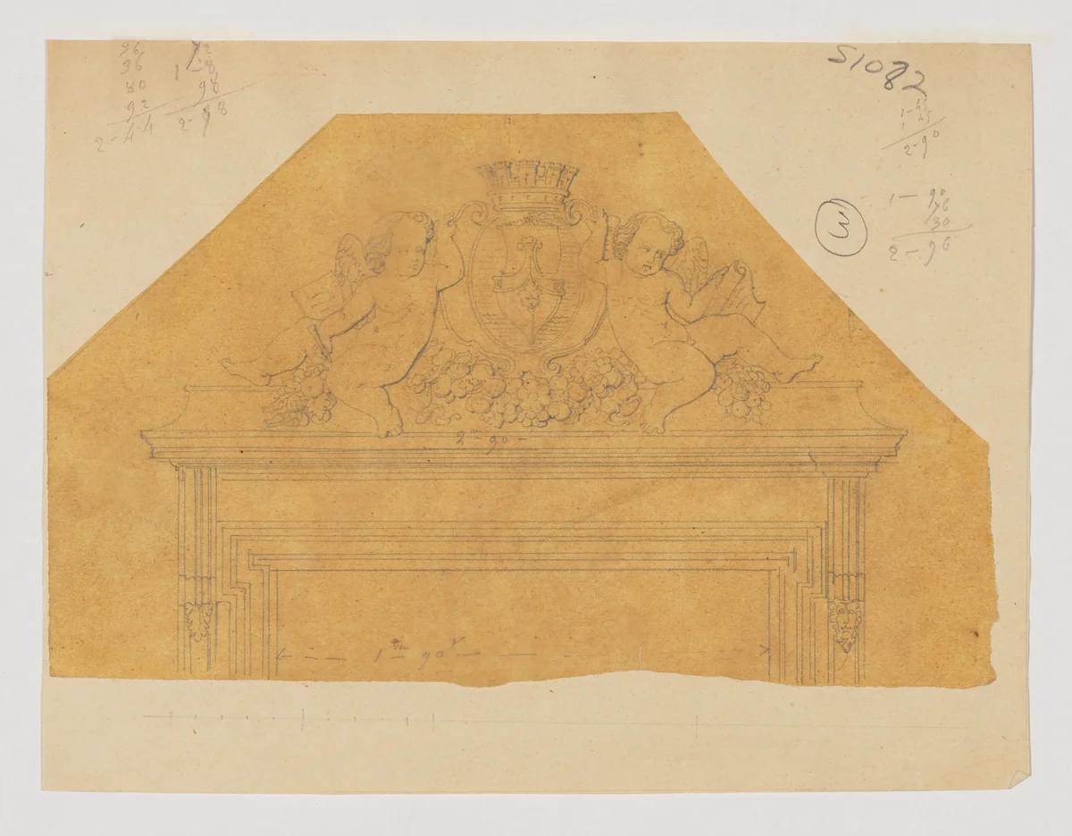 Design for an Overdoor with Two outward facing Putti flanking a Coat of Arms by Jean-Baptiste Louis Plantar, drawing, 1840-1880