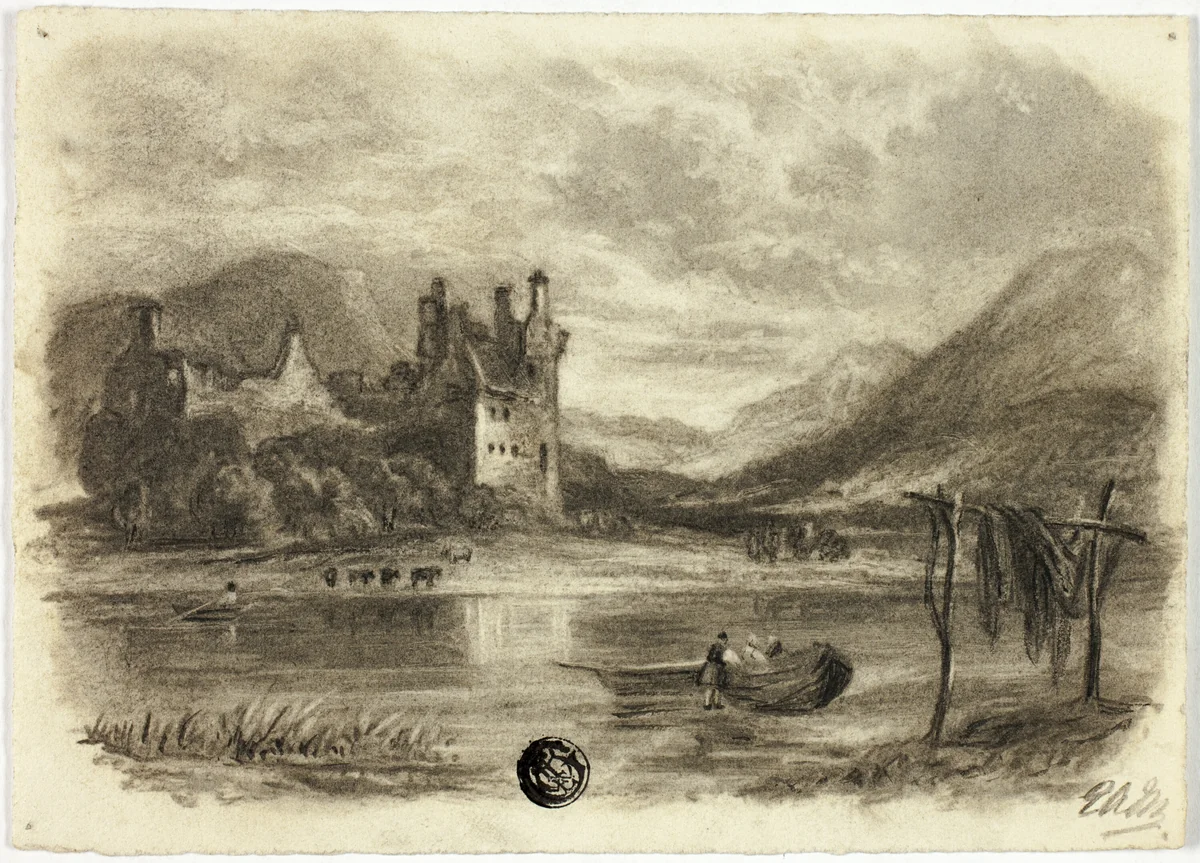 Fishermen Drying Nets before Castle by Elizabeth Murray, drawing, 1850-1860