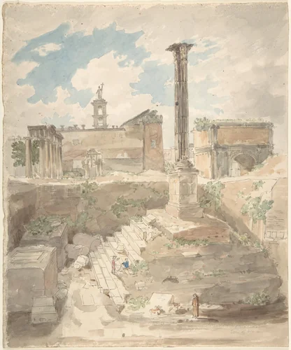 View of the Roman Forum, unexcavated by Sir Charles Barry, drawing, 1840