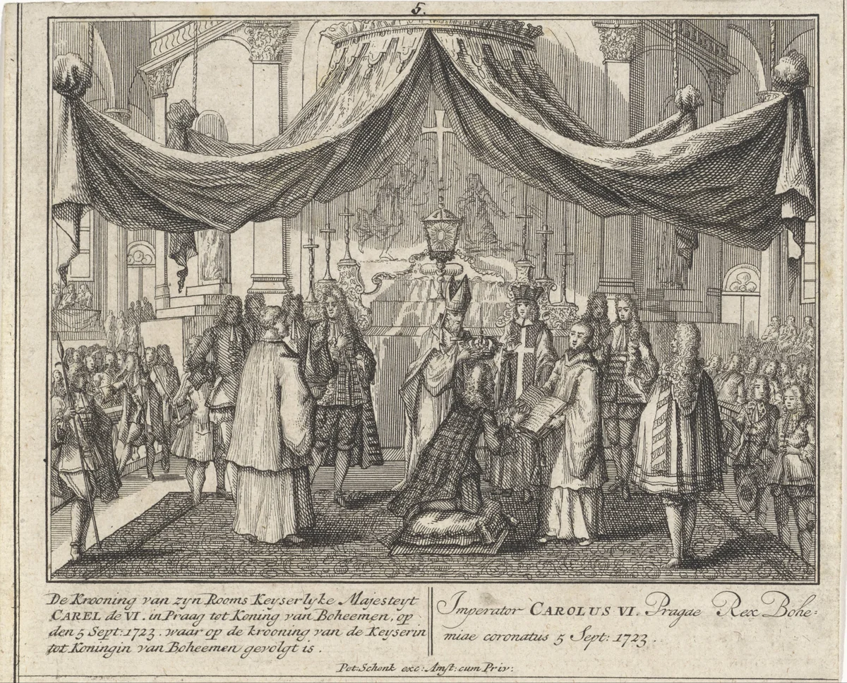 Kroning van Karel VI tot koning van Bohemen by Leonard Schenk, print, 1727
