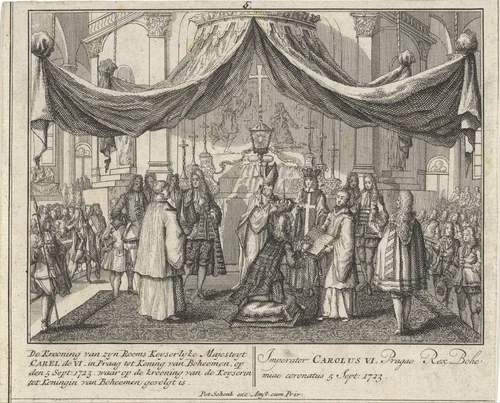 Kroning van Karel VI tot koning van Bohemen by Leonard Schenk, print, 1727