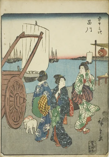 Shinagawa, from the series "Fifty-three Stations [of the Tokaido] (Gojusan tsugi)," also known as the Figure Tokaido (Jinbutsu Tokaido) by Utagawa Hiroshige (歌川広重), print, 1852