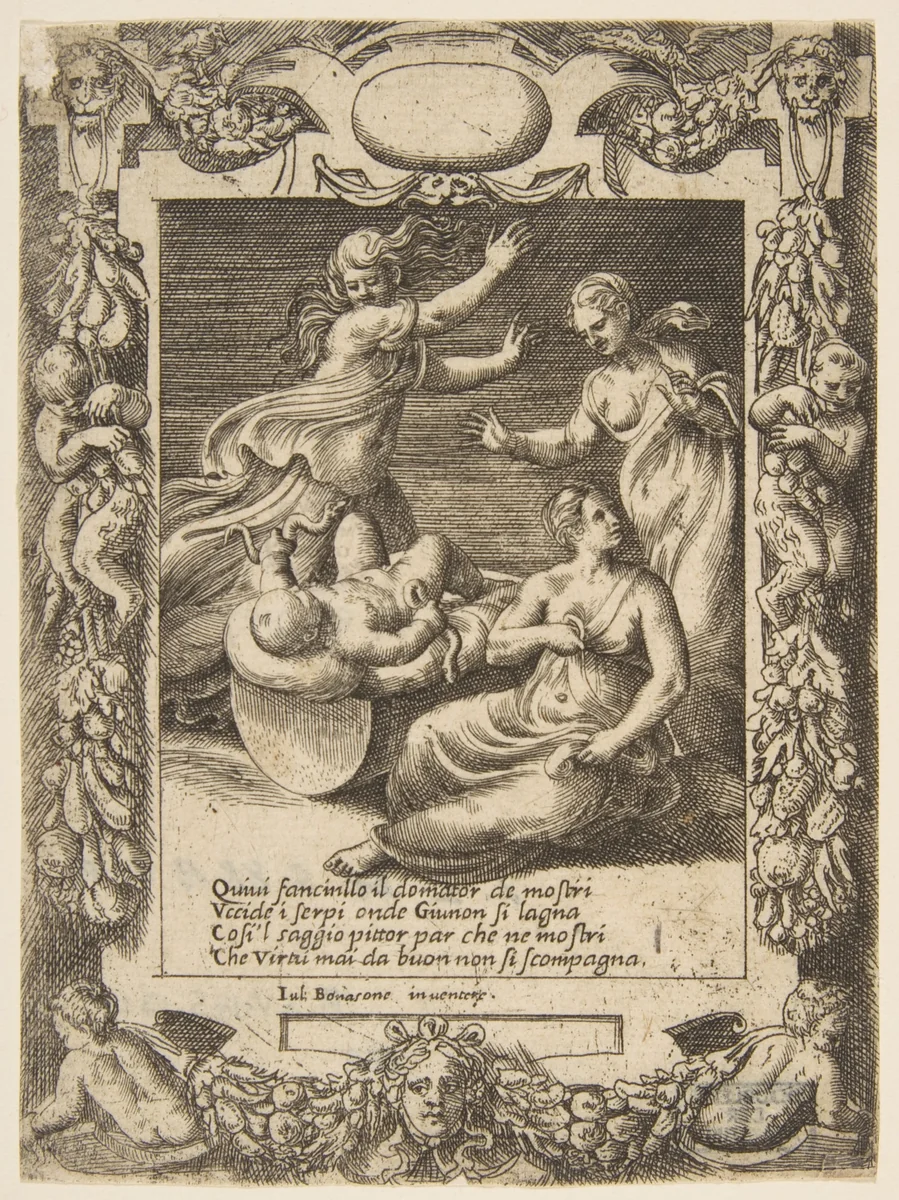 The infant Hercules killing the snakes, set within an elaborate frame, from "Loves, Rages and Jealousies of Juno" by Giulio Bonasone, print, 1531-1576