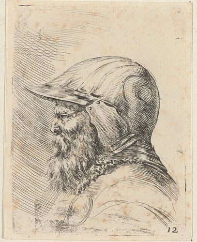 Hoofd van een oude soldaat met baard en helm, in profiel naar links by Stefano della Bella, print, 1620-1647