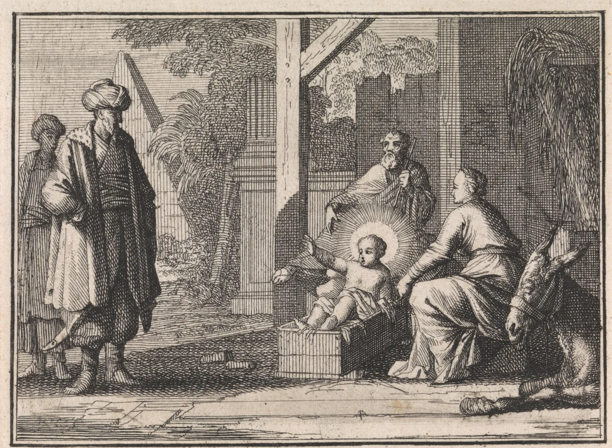 Christuskind spreekt vanuit de kribbe tot een Oosterling by Caspar Luyken, print, 1710