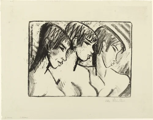 Three Girls in Profile (Drei Mädchen im Profil) for the First Annual Portfolio 1921, no. 2 (Brücke Artists) (Erste Jahresgabe 1921, no. 2 [Die Künstler der Brücke]) by Otto Mueller, print, 1921