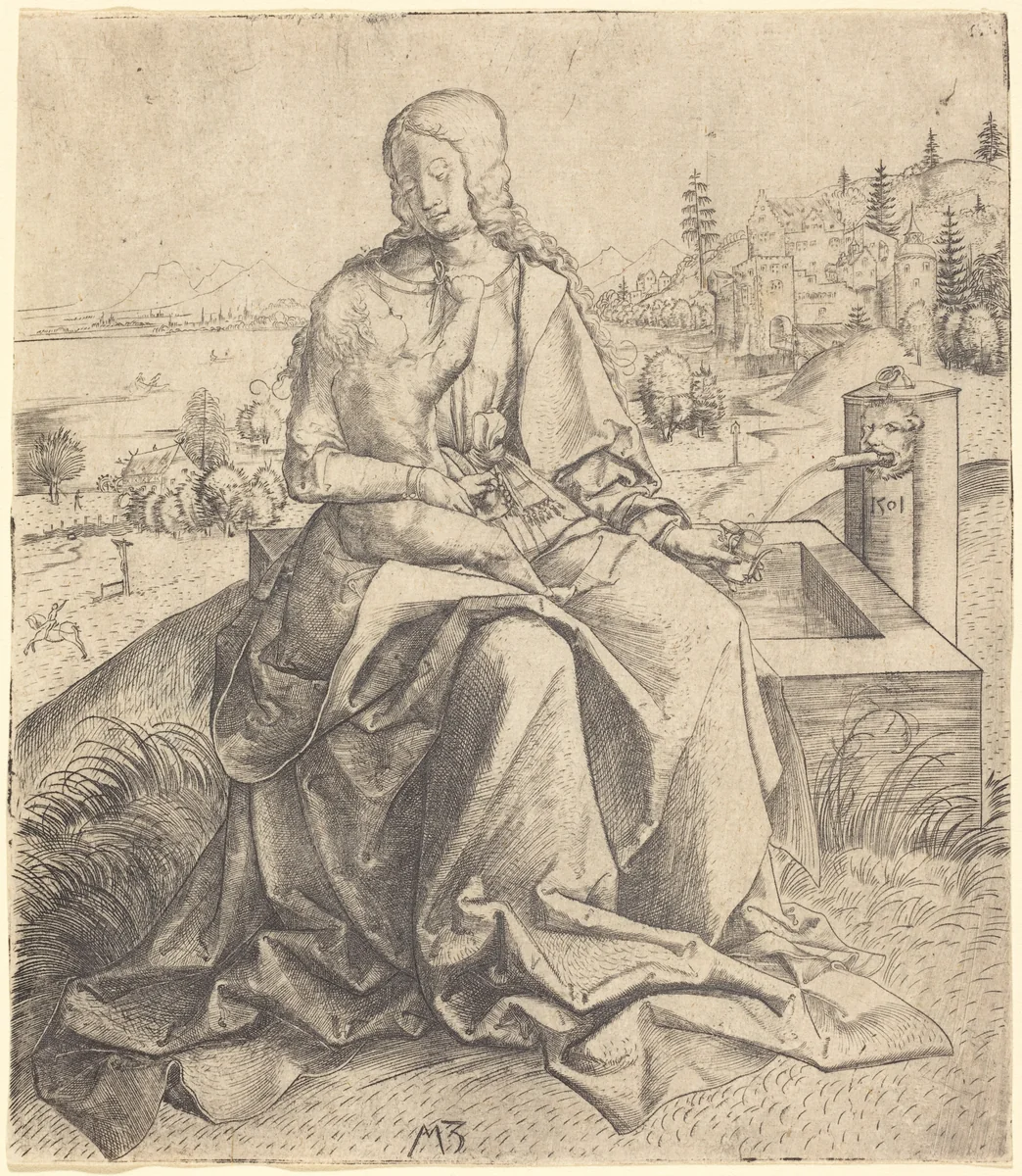 Madonna and Child at a Fountain by Master MZ, print, 1501