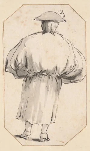 Caricature of a Person in a Voluminous Gown, Seen from Behind by Giovanni Battista Tiepolo, drawing, 1755-1765