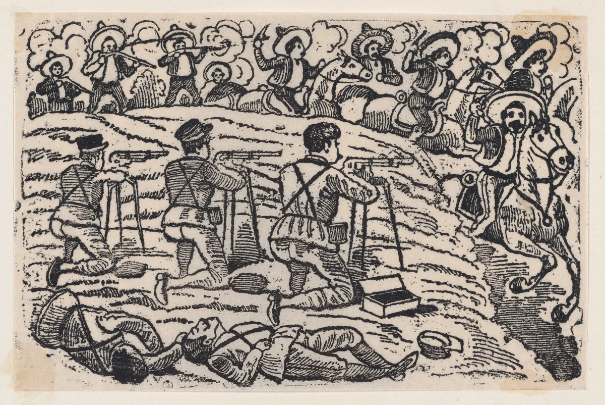 A battle between Federal forces and Zapata followers by José Guadalupe Posada, print, 1905-1915