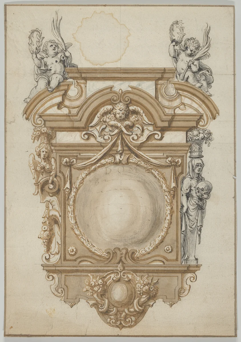 Design for an Epitaph with a Variant, flanked by Terms and surmounted by statues of Cherubs by Abraham van Diepenbeeck, drawing, 1625-1675