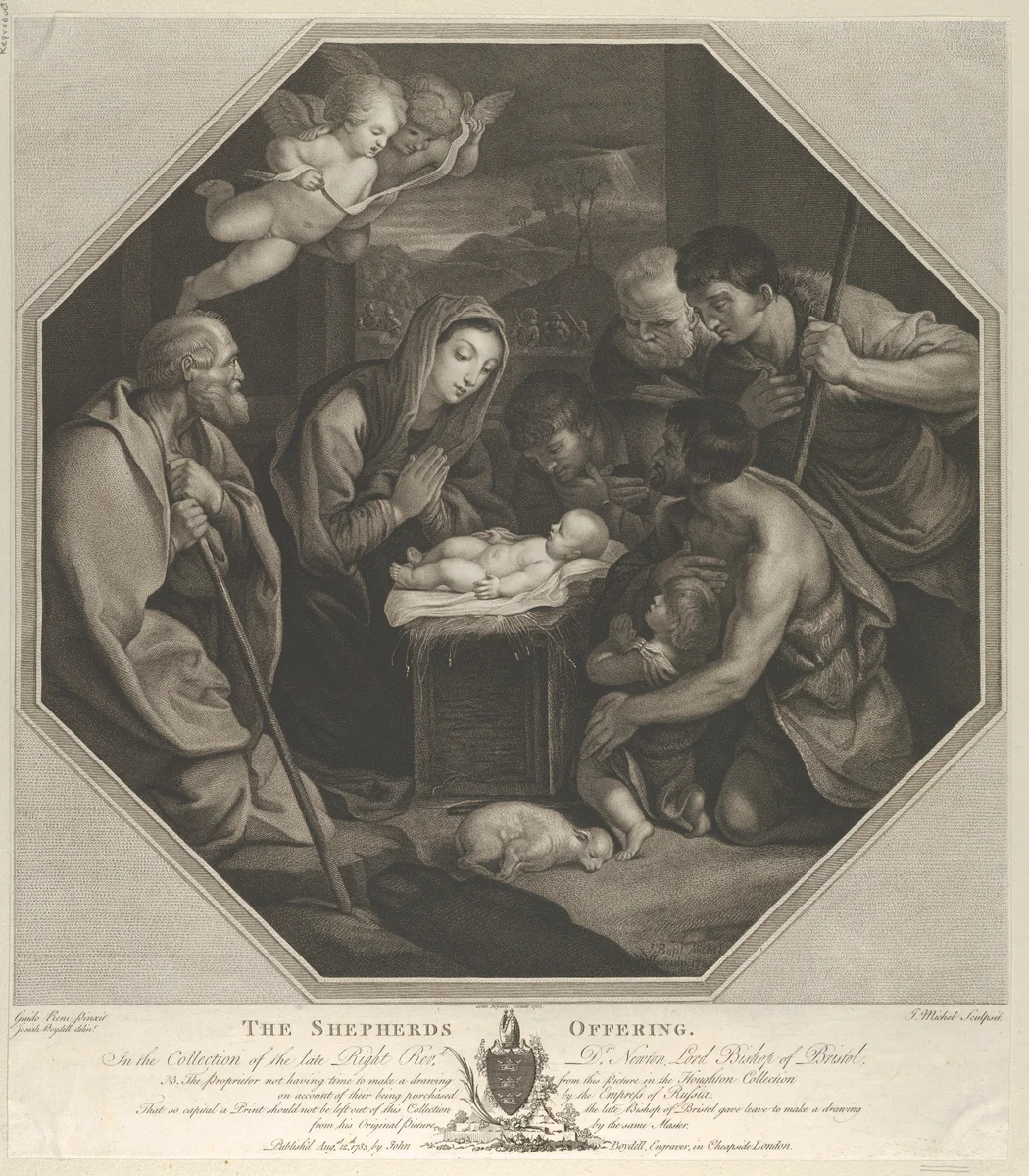 The infant Christ lying on a wooden box, the Virgin kneeling in prayer before him, Saint Joseph at left, shepherds at right, in an octagonal frame, after Reni by Jean-Baptiste Michel, print, 1783