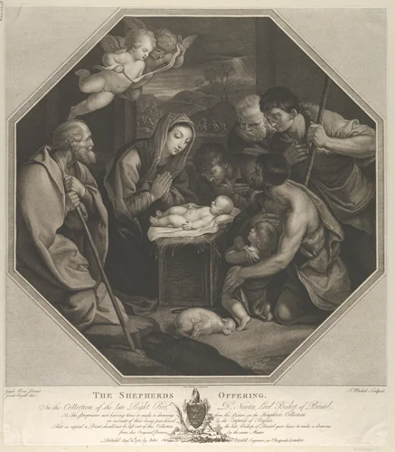 The infant Christ lying on a wooden box, the Virgin kneeling in prayer before him, Saint Joseph at left, shepherds at right, in an octagonal frame, after Reni by Jean-Baptiste Michel, print, 1783