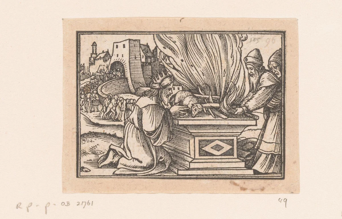 Heidense offer van koning Achaz by anonymous, print, 1552