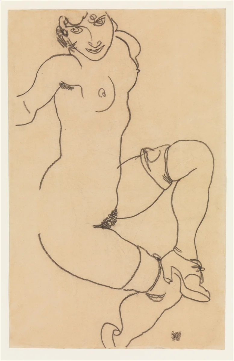 Seated Nude in Shoes and Stockings by Egon Schiele, drawing, 1918