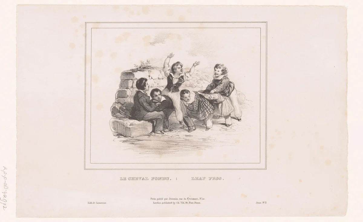 Zes kinderen spelen haasje over by Achille Devéria, print, 1832