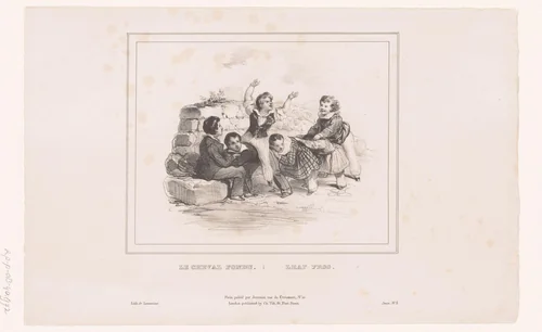 Zes kinderen spelen haasje over by Achille Devéria, print, 1832