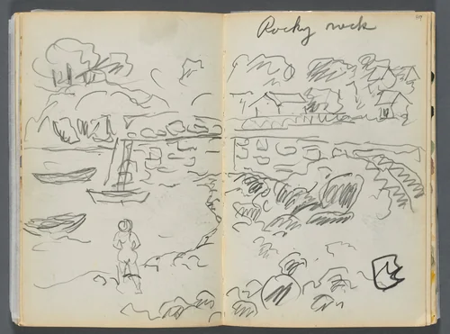 Sketchbook- The Granite Shore Hotel, Rockport, page 088 & 89: "Rocky Neck" by Maurice Prendergast, book, 1905-1910