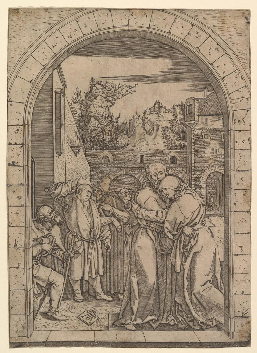 Joachim embracing Saint Anne under the golden gate in Jerusalem, after Dürer by Marcantonio Raimondi, print, 1495-1539
