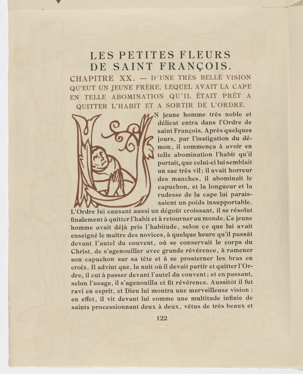 Pictorial initial (page 122) from Les Petites Fleurs de St. François (The Little Flowers of St. Francis) by Émile Bernard, illustrated book, 1928