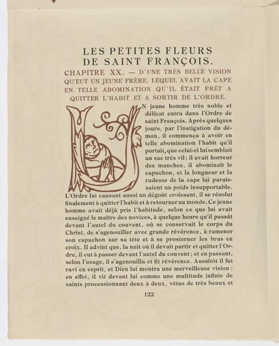 Pictorial initial (page 122) from Les Petites Fleurs de St. François (The Little Flowers of St. Francis) by Émile Bernard, illustrated book, 1928