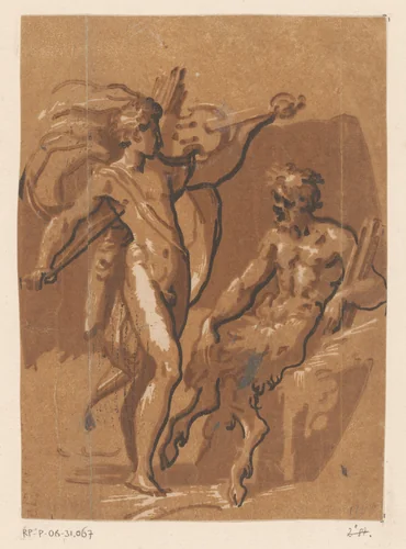 Wedstrijd tussen Apollo en Marsyas by Unknown, print, 1502-1532