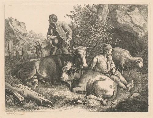 Two Shepherds with a Cow and Calf by Francesco Londonio, print, 1776