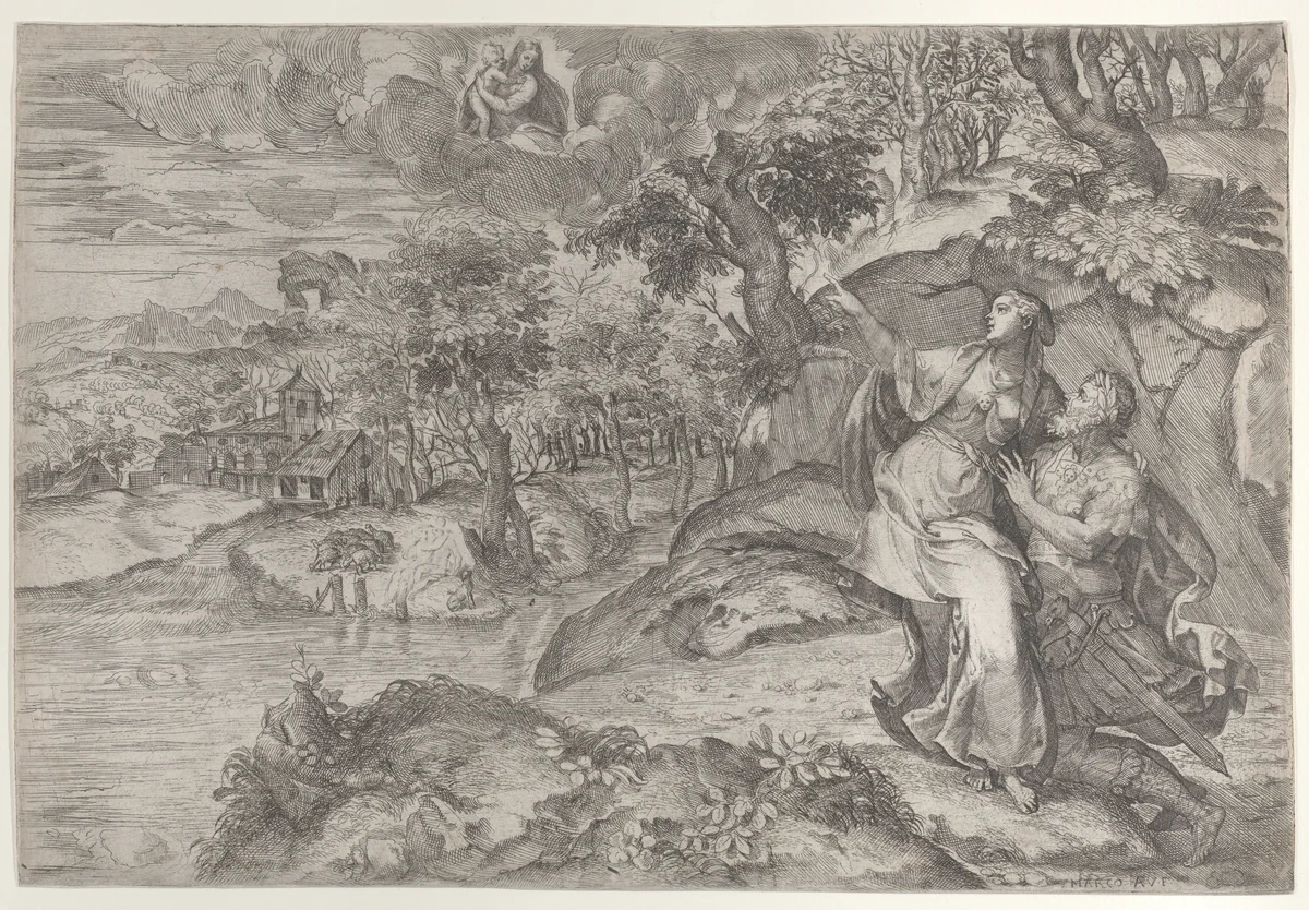 Augustus and the Tiburtine Sibyl by Marco Angolo del Moro, print, 1557-1586