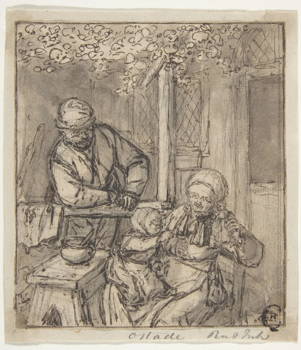 Mother and Child with a Doll. by Adriaen van Ostade, drawing, 1610-1685