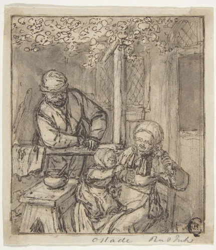 Mother and Child with a Doll. by Adriaen van Ostade, drawing, 1610-1685