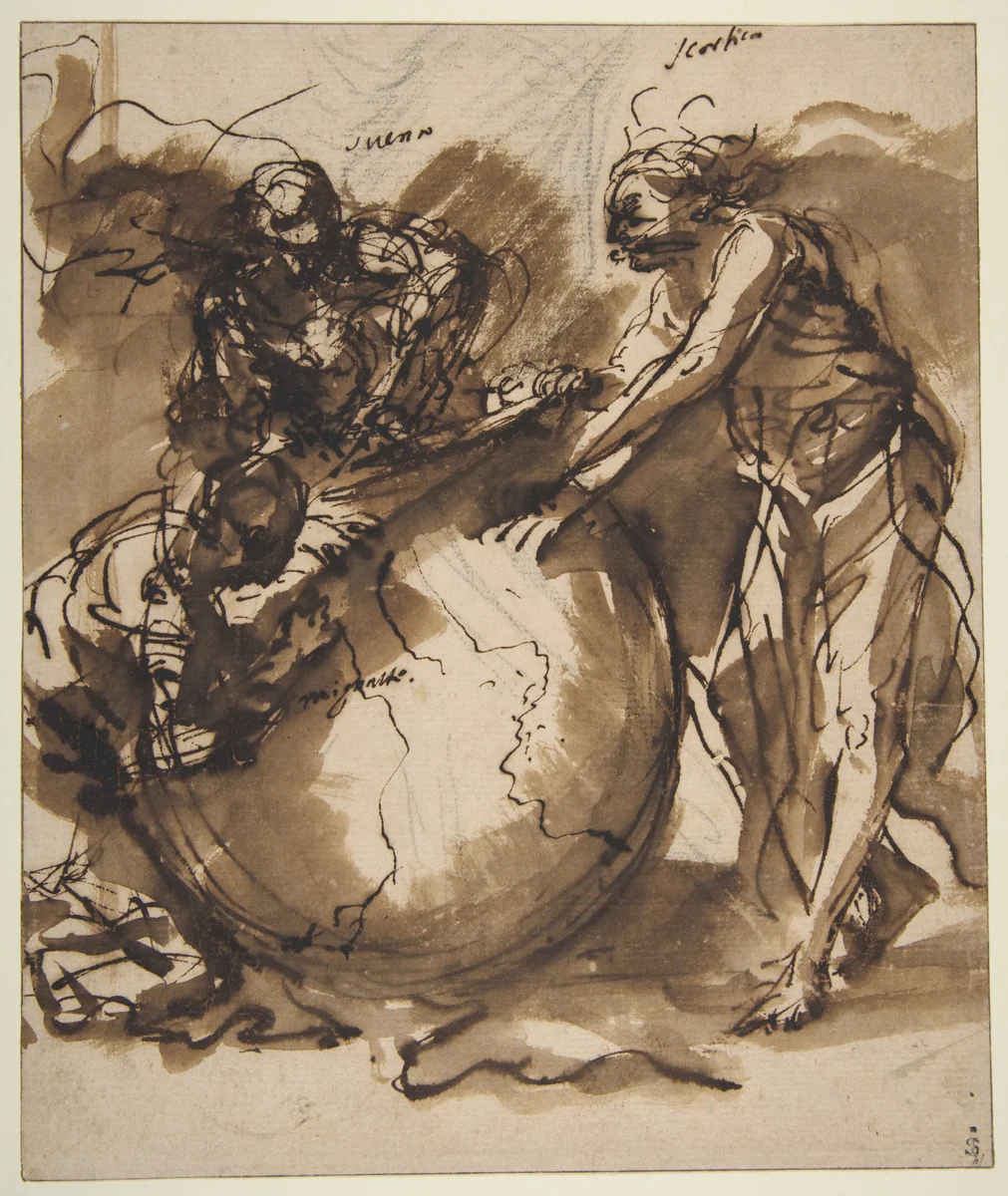 Three Figures around a globe by Salvator Rosa, drawing, 1615-1673