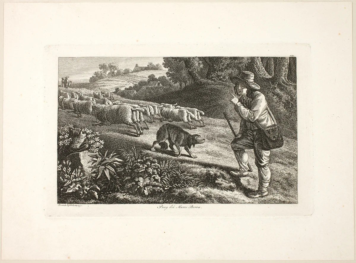 Arcadian Shepherd Boy and His Flock of Sheep by Heinrich Reinhold, print, 1810