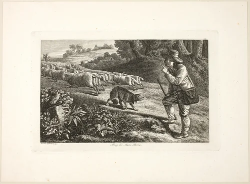 Arcadian Shepherd Boy and His Flock of Sheep by Heinrich Reinhold, print, 1810