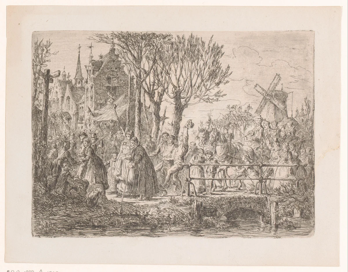 Stoet mensen op weg naar de kermis van Sint-Job te Antwerpen by Henri François Schaefels, print, 1861