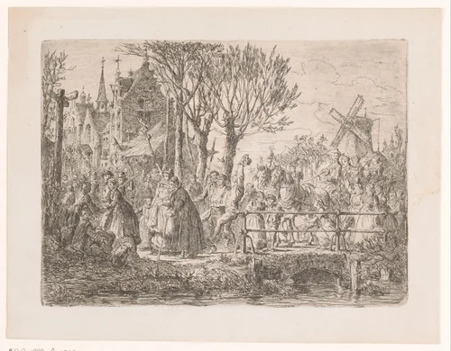 Stoet mensen op weg naar de kermis van Sint-Job te Antwerpen by Henri François Schaefels, print, 1861