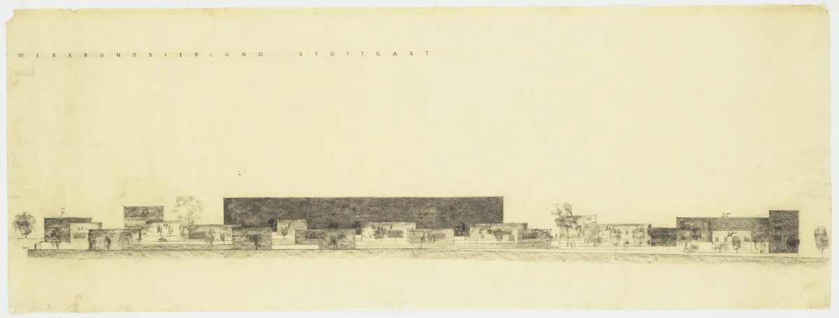 Weissenhof Housing Colony Master Plan, "The Dwelling," Stuttgart, Germany, Site elevation study from east by Ludwig Mies van der Rohe, mies van der rohe archive, 1926
