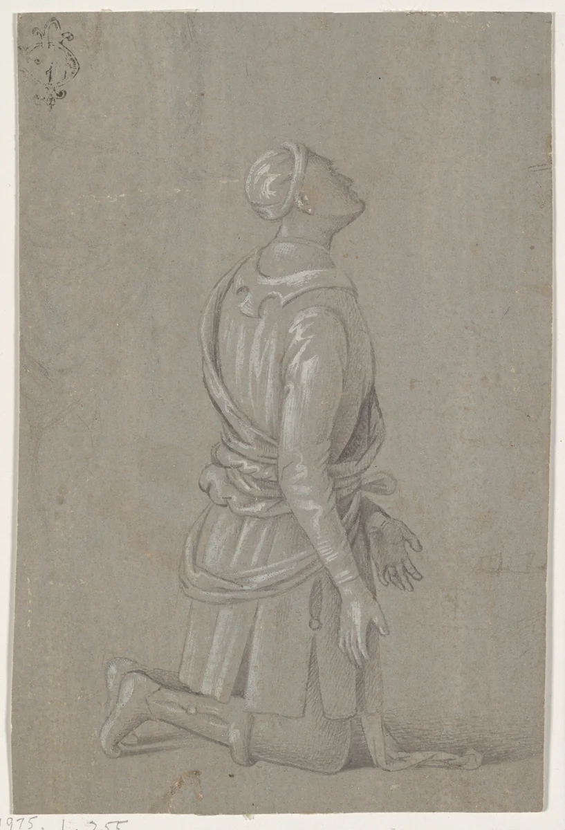 A Kneeling Man in Fifteenth-Century Costume (recto); a small, fragmentary sketch of a recumbant boy, probably by a later hand (verso) by Pinturicchio, drawing, 1506-1512