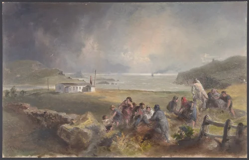 Valentia, Ireland: From the Harbor, opposite Knight's-town, at the period of laying the Cable of 1857 by Robert Charles Dudley, drawing, 1865-1866
