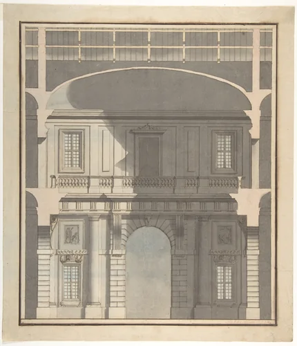 Design for a Stage Set: Design in Section of a Two-Storied Entrance Hall (Recto). Elevation Design for a Monumental Entrance with Columns and Rounded Pediment (Verso). by Giovanni Battista Galliani, drawing, 1794