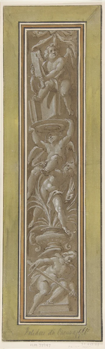 Two Pilaster with White Putti on Tan Ground by Giovanni Mauro della Rovere, drawing, 1575-1640