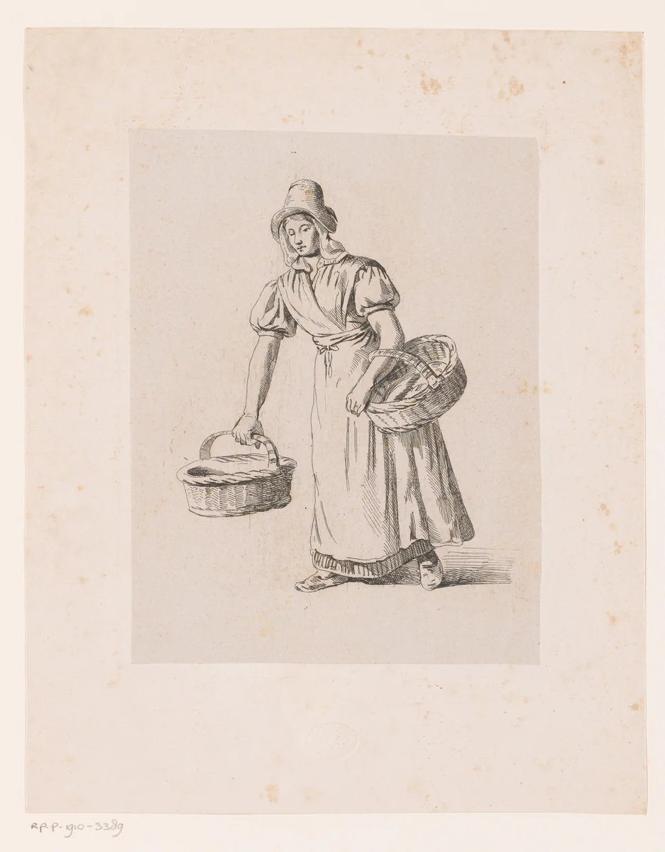 Vrouw met twee manden by Jacques Van Gingelen, print, 1811-1864