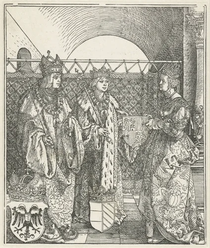 Het Spaanse huwelijk: Filips de Schone trouwt met Johanna van Castilië by Albrecht Dürer, print, 1515