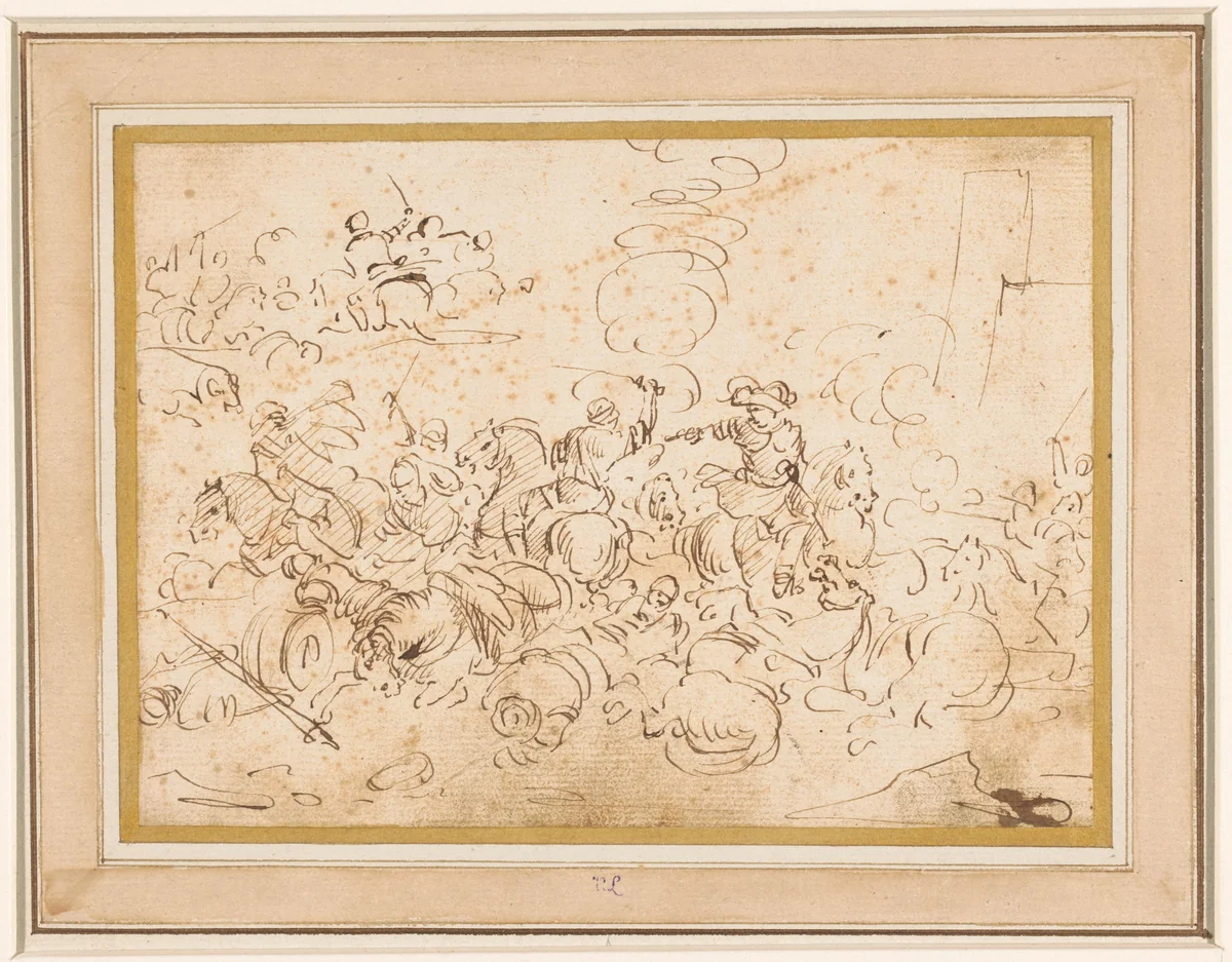 Ruitergevecht by Jacques Courtois, drawing, 1631-1676
