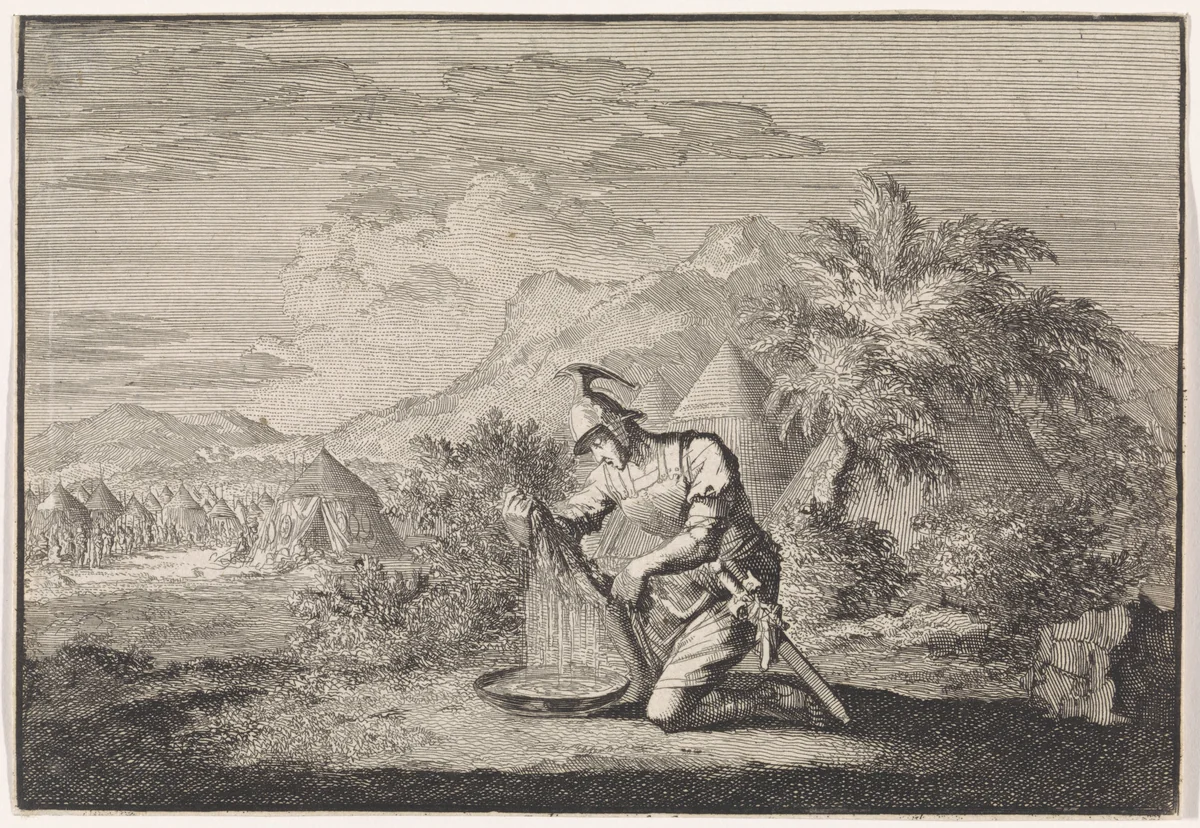 Gideon en de natte schaapsvacht by Jan Luyken, print, 1703